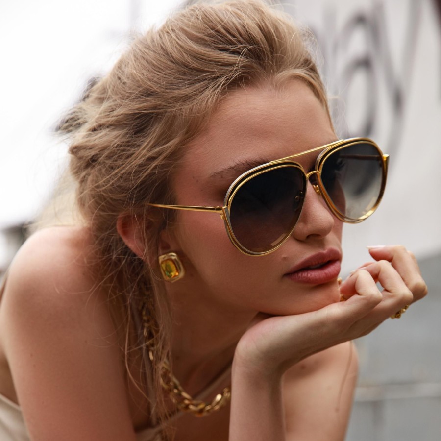 Sunglasses Linda Farrow | Francisco Aviator Sunglasses In Yellow Gold