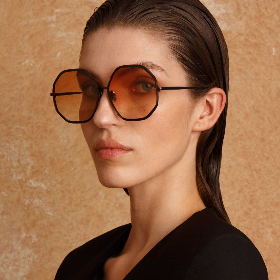 Sunglasses Linda Farrow | Camila Hexagon Sunglasses In Nickel And Camel